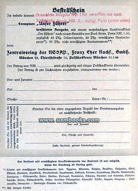 Zentralverlag der NSDAP Franz Eher Nachfolger order form 